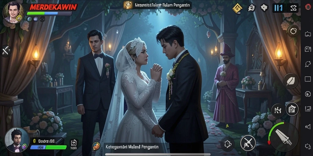 Screenshot gameplay menegangkan dari MERDEKAWIN yang menunjukkan suasana horror.