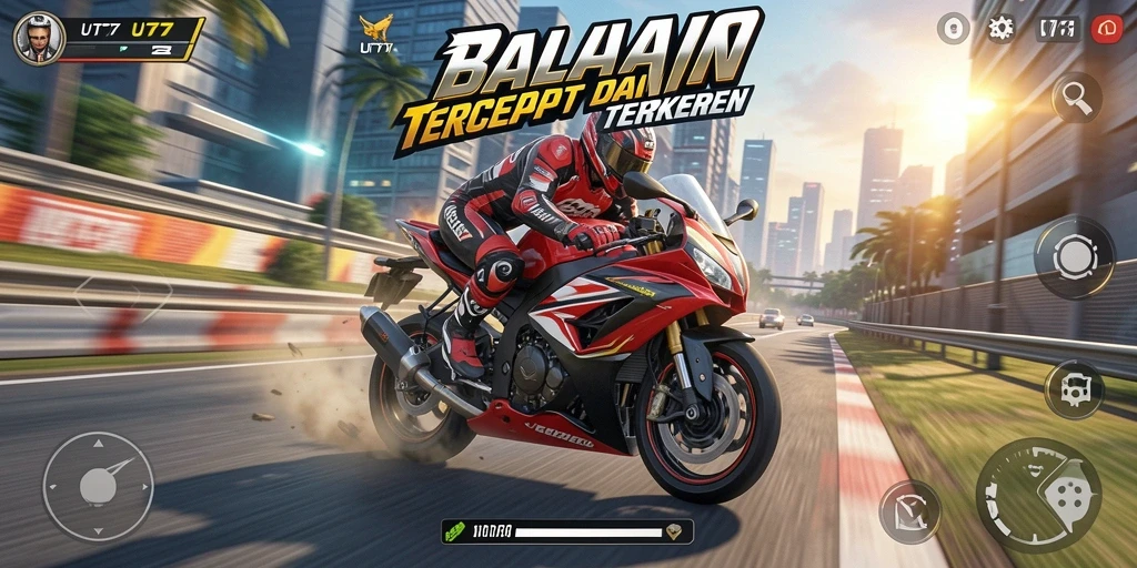 Tangkapan layar UT77 menunjukkan aksi balapan motor yang mendebarkan.